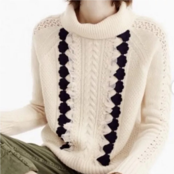 J CREW cable knit embellished ruffled front sweater cowl neck WOOL cream size XS - Picture 16 of 17